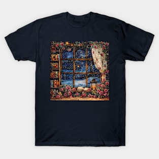 Fantasy winter starry night window T-Shirt